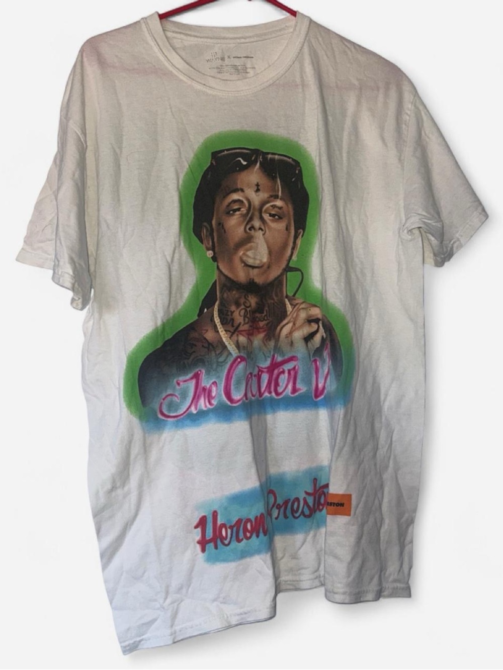 Heron Preston White Tee with Green-Blue Portrait and Pink Script